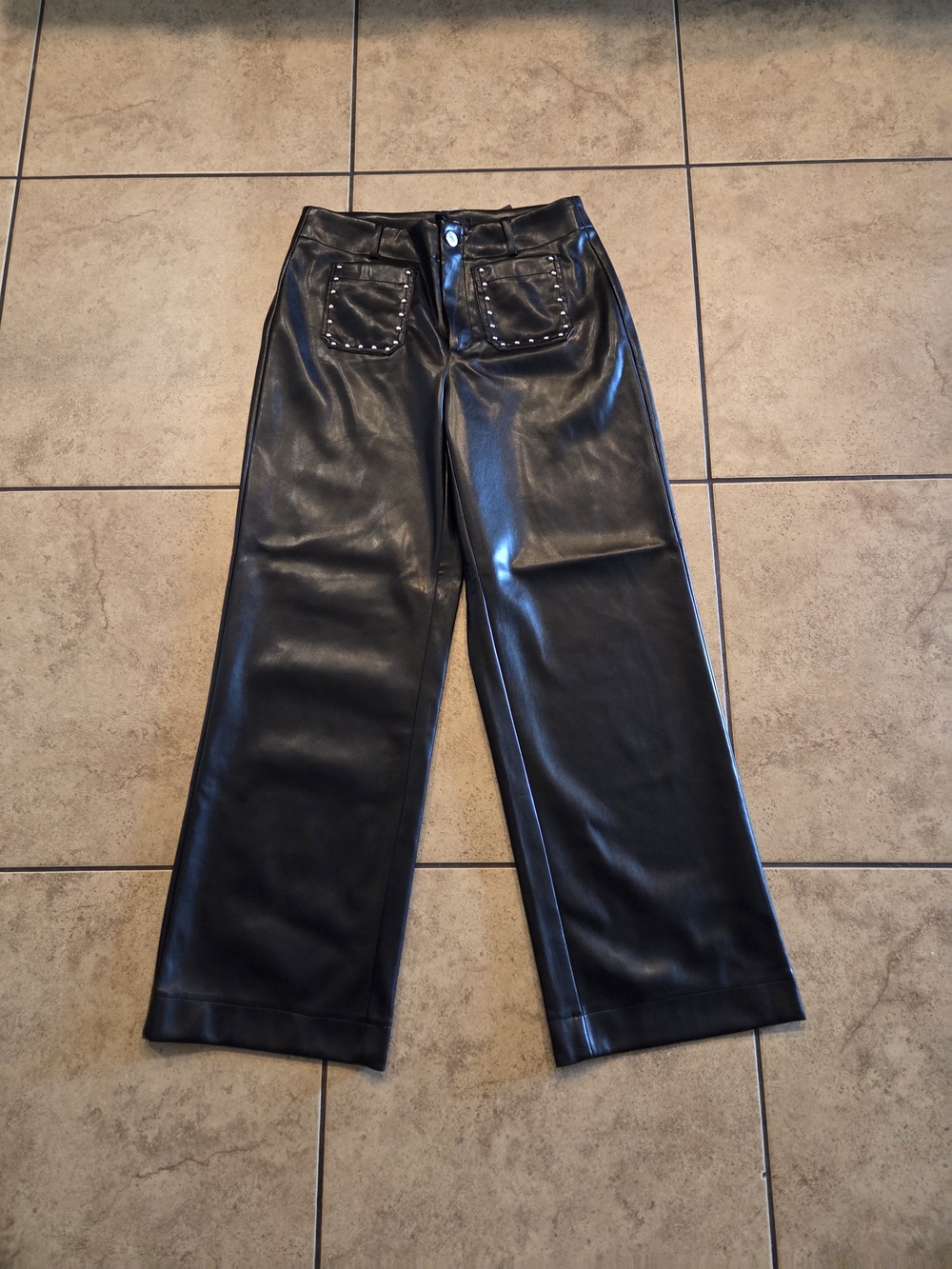 Andrew Mark Black Faux Leather Wide-Leg Pants with Studded Pockets